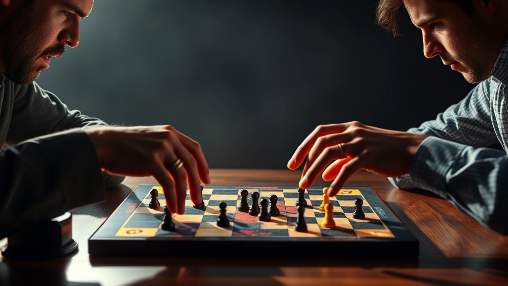 Two players intensely focused on Crossfire board game match, hands positioned over magnetic pieces on the playing field, dramatic side lighting highlighting concentration and competitive energy