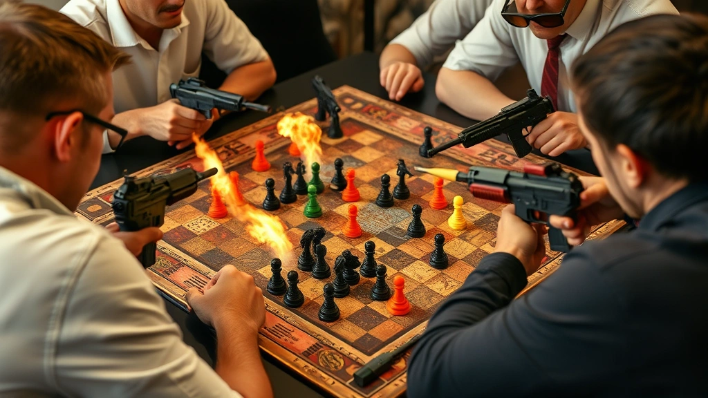 Players engaged in intense Crossfire board game session with magnetic pieces positioned strategically across the playing field, showing multiple colored piece sets in active combat formation