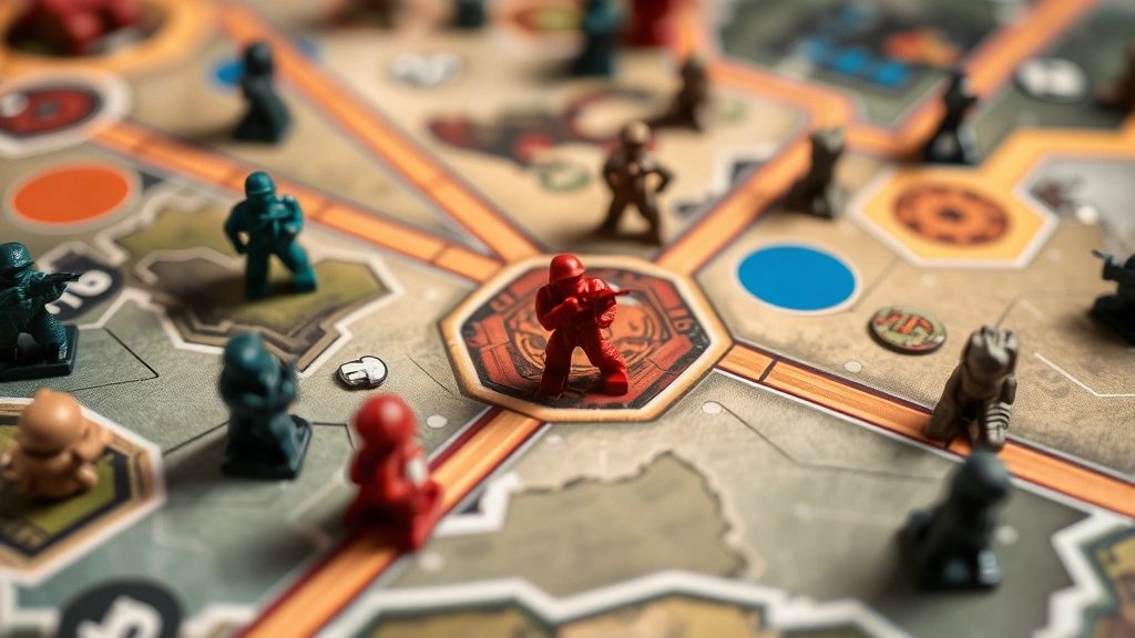 Close-up of Crossfire board game components showing detailed magnetic pieces and strategic positioning on the playing field, with pieces scattered across various board zones