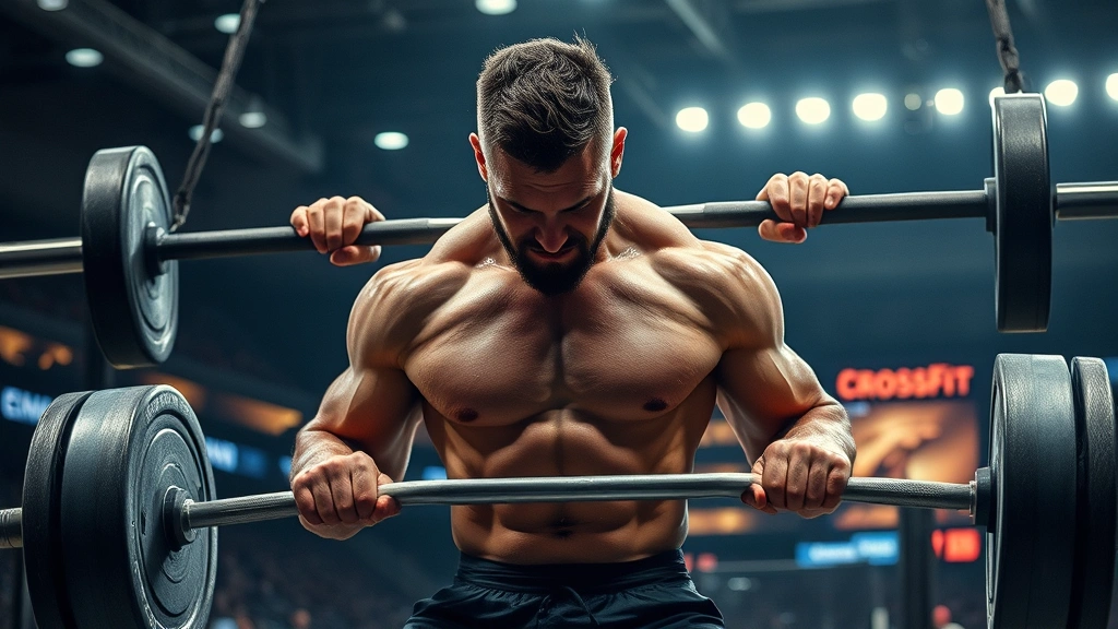 Muscular athlete performing a heavy barbell snatch in competition arena with intense focus, sweat visible, bright stadium lighting, professional CrossFit competition setting