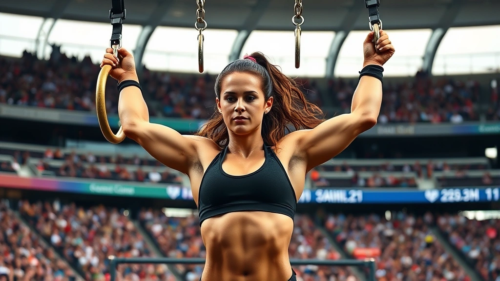 Female CrossFit competitor executing a muscle-up on gymnastics rings during Games event, athletic physique, concentrated expression, crowded stadium in background