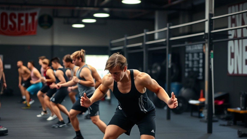 Multiple CrossFit athletes competing simultaneously in metabolic conditioning workout, various exercises happening, intense effort and determination visible, professional competition venue