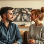 Photorealistic male and female characters in modern living room setting, intimate conversation, warm lighting, emotional connection visible, professional character design, no text or UI elements