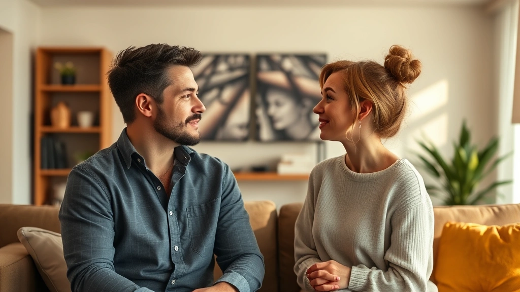 Photorealistic male and female characters in modern living room setting, intimate conversation, warm lighting, emotional connection visible, professional character design, no text or UI elements