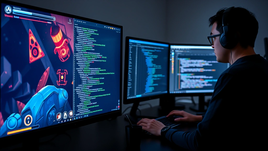 Split-screen showing game interface elements on left with code/development visible, real developer at computer on right, dual monitors displaying game development software, professional studio atmosphere, no readable text