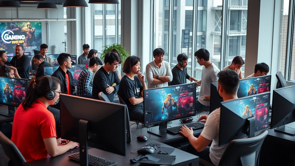 Diverse group of gamers in modern gaming lounge with multiple PC setups, collaborative atmosphere, people engaged in discussion around gaming displays, natural lighting, professional gaming space, no visible game menus or HUD