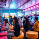 Diverse group of young women and men playing arcade games together in a modern, brightly lit Japanese game center with colorful gaming cabinets and comfortable seating areas, photorealistic, vibrant atmosphere