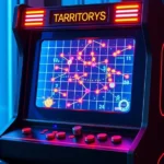 Neon-lit retro arcade cabinet with glowing grid display showing colorful territory control gameplay, cyberpunk aesthetic with chrome details and LED lights, realistic arcade machine in futuristic setting