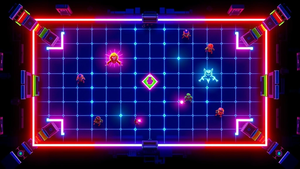 Top-down view of vibrant neon grid-based arcade gameplay with glowing player character claiming territory, multiple enemy units moving strategically, bright primary colors against dark background, pixelated arcade style