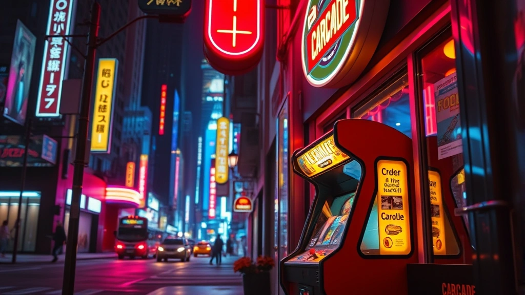 Night City street scene with vintage arcade machine cabinet visible in neon-lit establishment interior, cyberpunk architecture surrounding the machine, warm arcade glow contrasting with cool city lights outside