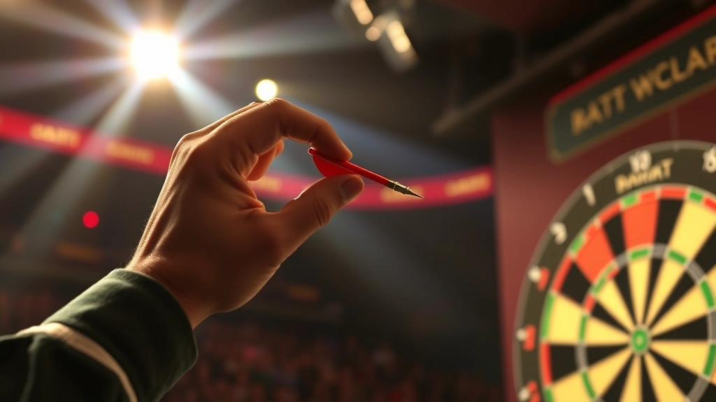 Professional darts player throwing dart at regulation board in competitive arena with dramatic lighting and crowd atmosphere, photorealistic, close-up of hand release