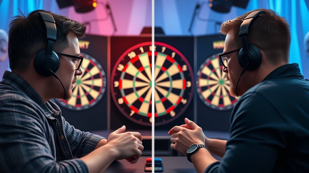 Split screen showing two players competing in online multiplayer dart game match, both concentrating intensely, realistic gaming environment