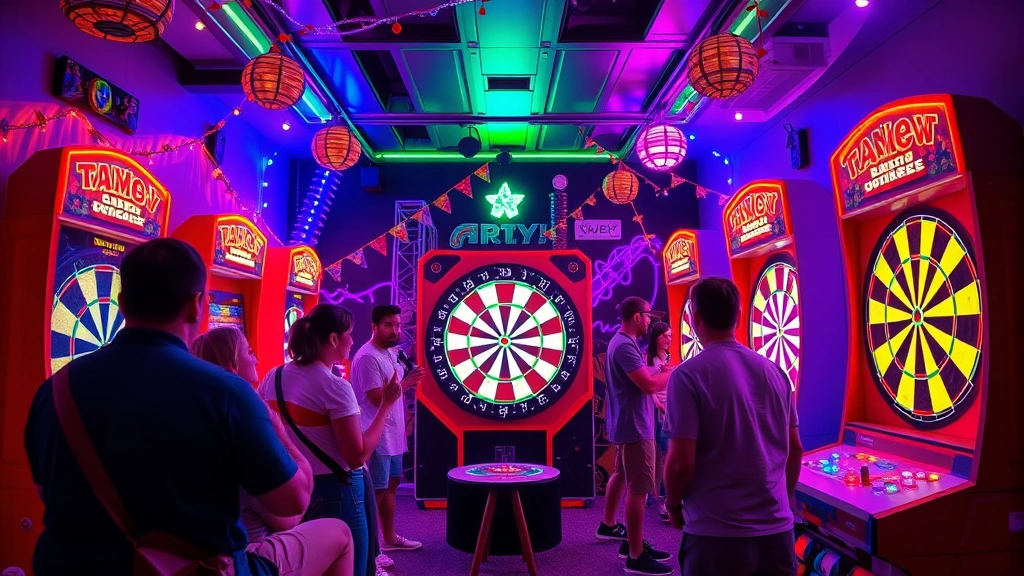 Colorful arcade-style dart game tournament celebration scene with vibrant neon aesthetics and festive atmosphere, players enjoying casual competitive gameplay