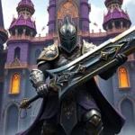 Epic fantasy warrior in ornate armor wielding massive greatsword, standing in front of a grand castle with purple and gold architecture, dramatic lighting with magical aura, photorealistic fantasy style, no UI elements or text overlays
