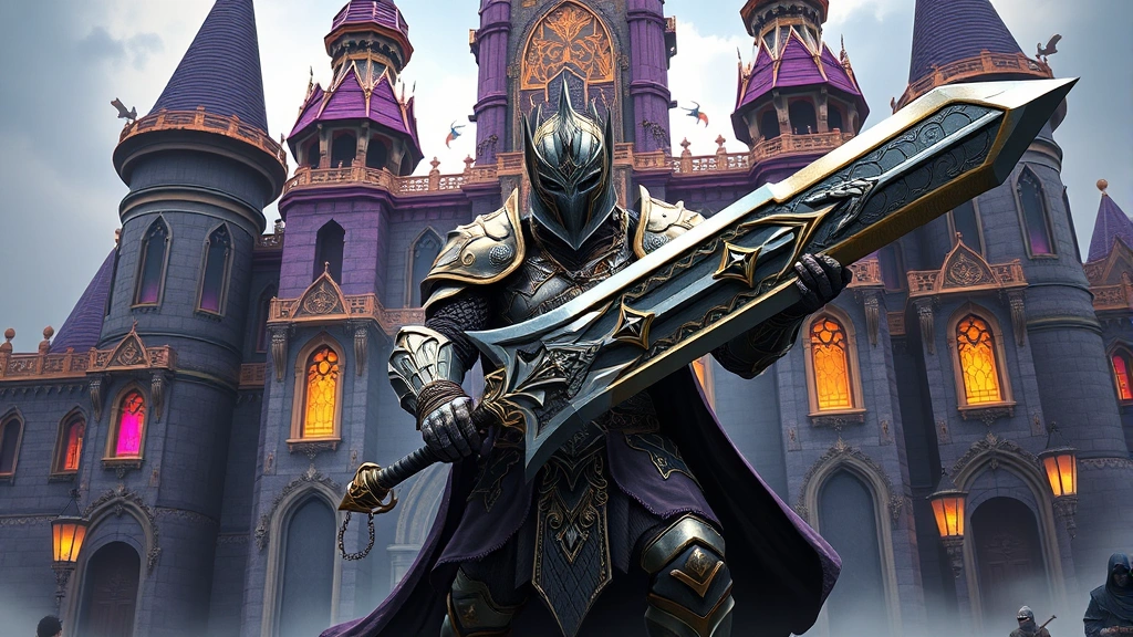 Epic fantasy warrior in ornate armor wielding massive greatsword, standing in front of a grand castle with purple and gold architecture, dramatic lighting with magical aura, photorealistic fantasy style, no UI elements or text overlays