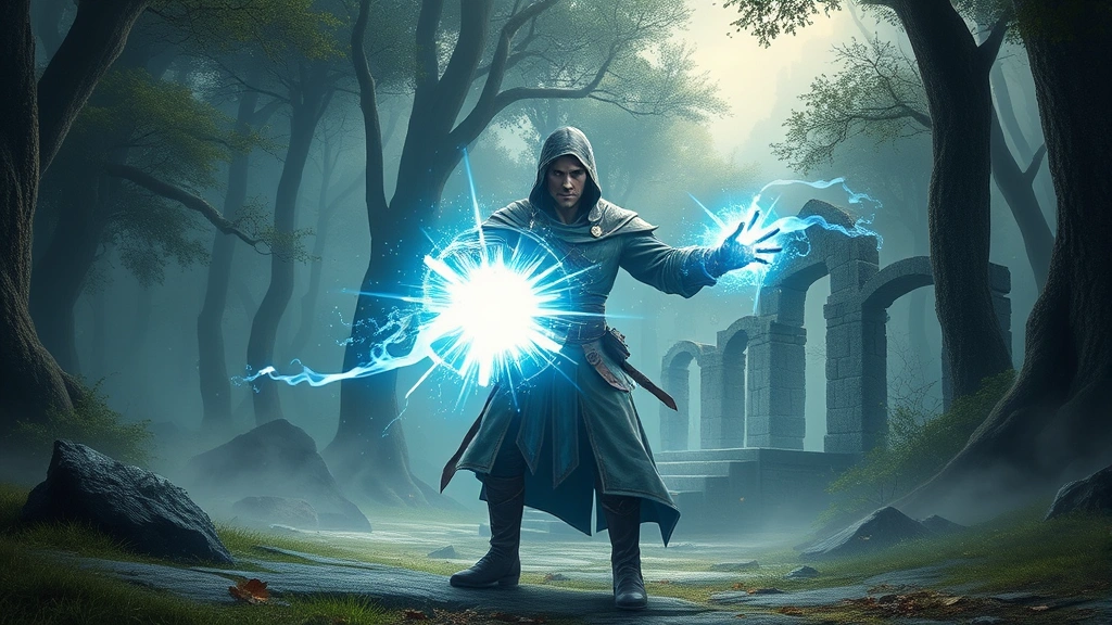 Adventurer character in detailed robes casting magical spell with brilliant blue energy effects, standing in mystical forest clearing with ancient stone ruins, atmospheric fog and magical particles, cinematic fantasy art style, no game menus or text