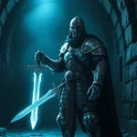 Epic fantasy warrior in full plate armor standing in a dark stone dungeon corridor, holding a glowing sword, atmospheric dungeon lighting, dramatic heroic pose, no UI elements