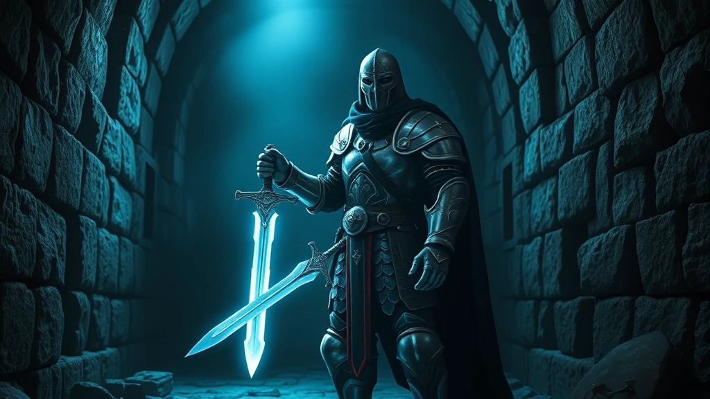 Epic fantasy warrior in full plate armor standing in a dark stone dungeon corridor, holding a glowing sword, atmospheric dungeon lighting, dramatic heroic pose, no UI elements