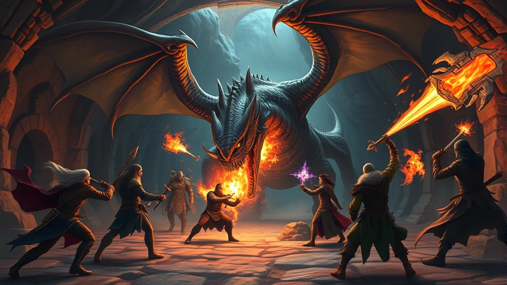 Diverse fantasy adventurers fighting a massive dragon in a cavernous dungeon room, fire and magic spells flying, intense combat action, no game menus visible