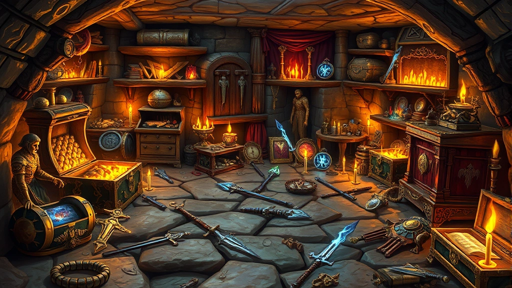 Treasure room filled with glowing magical items, weapons, armor, and artifacts scattered on stone floor, warm golden lighting, fantasy dungeon setting, no text or labels