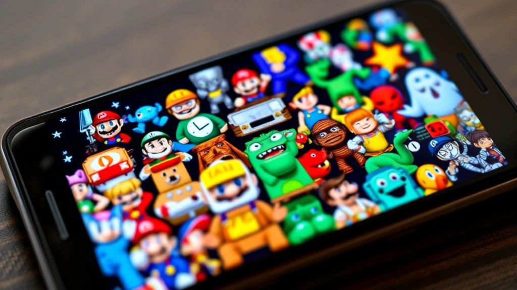 Close-up of colorful pixel art from various classic video games displayed on a modern smartphone screen, showing iconic characters from different retro console eras in vibrant detail