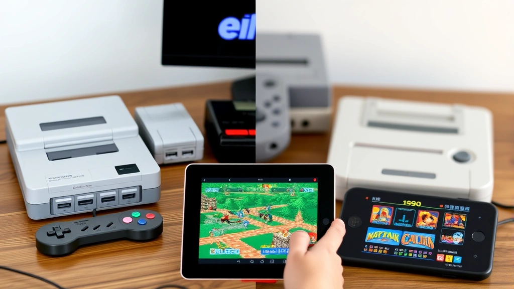 Split-screen comparison showing original cartridge-based gaming consoles from the 1980s and 1990s alongside a modern tablet running retro emulator software, representing gaming evolution and preservation