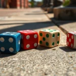 Close-up of colorful polished dice on weathered concrete sidewalk surface with natural sunlight casting shadows, photorealistic gaming atmosphere