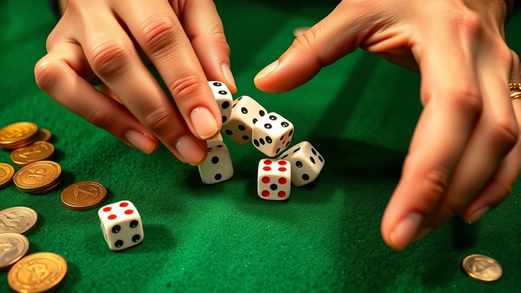 Action shot of two hands rolling white and red dice on a green felt surface with coins scattered around, dynamic gaming moment captured