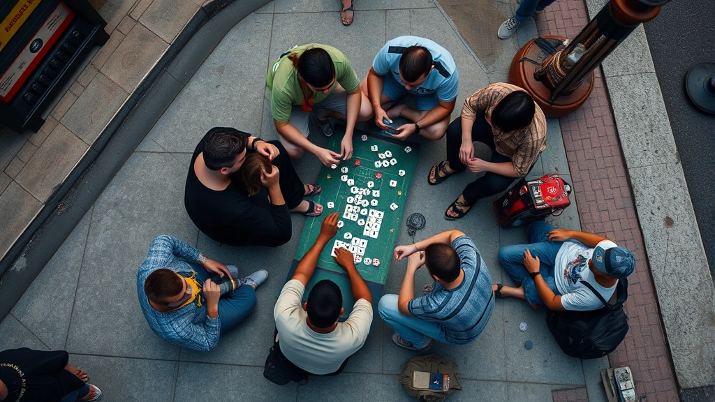 Overhead view of multiple players gathered around a circle on a city sidewalk playing dice games with casual street gaming energy and authentic atmosphere