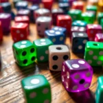 Close-up of colorful dice scattered on a wooden gaming table with soft natural lighting, showing various dice in reds, blues, greens, and purples with sharp focus on texture and shadows