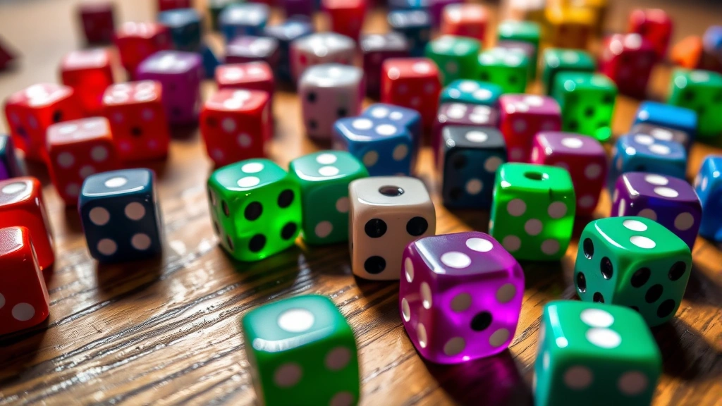 Close-up of colorful dice scattered on a wooden gaming table with soft natural lighting, showing various dice in reds, blues, greens, and purples with sharp focus on texture and shadows
