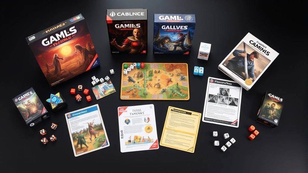 Flat lay arrangement of multiple modern board games with dice components displayed, showing game boxes, dice tokens, and rulebooks artfully arranged on a dark surface with professional lighting