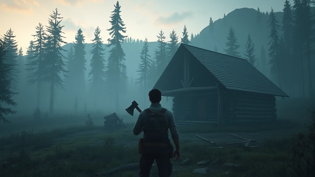 A player character standing in a misty forest clearing at dusk, holding a handcrafted wooden axe and looking at a partially built log cabin structure, dense trees and mountains in the background, dramatic survival atmosphere, photorealistic, no UI elements