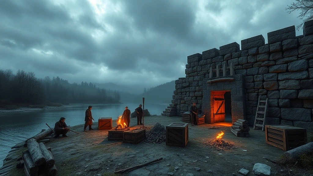 Multiple players cooperatively building a stone fortress base near a river, with gathered resources scattered around wooden crates, torchlight glowing, dynamic weather with storm clouds gathering, photorealistic cooperative survival scene, no game interface visible