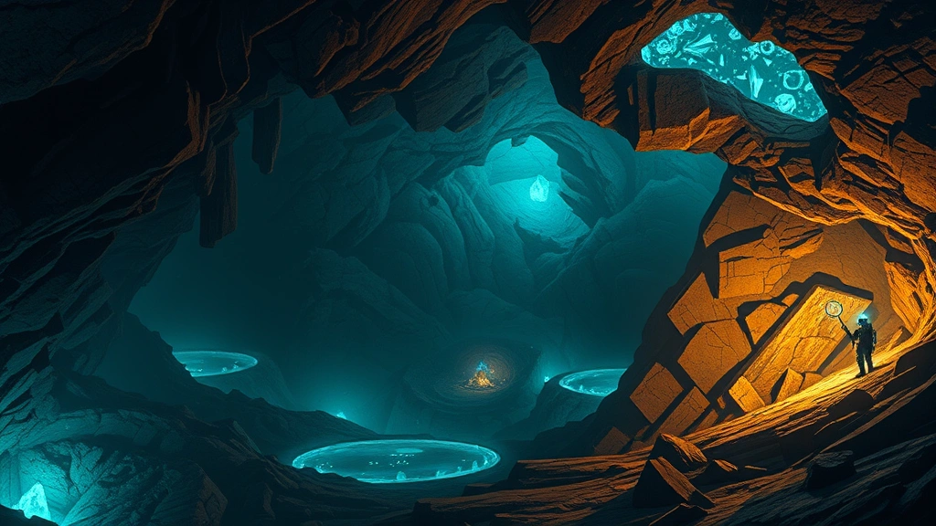A vast underground cavern with bioluminescent crystals illuminating the cave system, a small player character with mining equipment discovering valuable ore deposits, detailed geological formations, photorealistic mining exploration, atmospheric cave lighting, no text or HUD