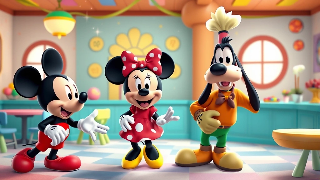 Colorful Disney Junior characters Mickey Mouse, Minnie, and Goofy playing together in a bright, cheerful clubhouse setting with magical sparkles and whimsical decorations, photorealistic children's entertainment style