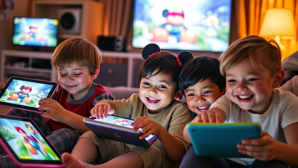 Young children playing video games on tablets and mobile devices with joyful expressions, surrounded by glowing screens showing Disney character animations, warm family gaming environment