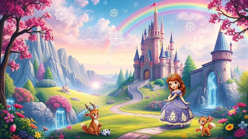 Vibrant magical kingdom landscape with fairy tale castle, enchanted gardens, and sparkling magical effects, featuring Sofia and woodland creatures in a storybook-like setting with rainbow colors and wonder