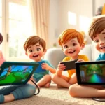 Colorful animated children playing video games on tablets and Nintendo Switch in bright living room, joyful expressions, Disney character toys visible on shelves, natural daylight through windows, photorealistic rendering