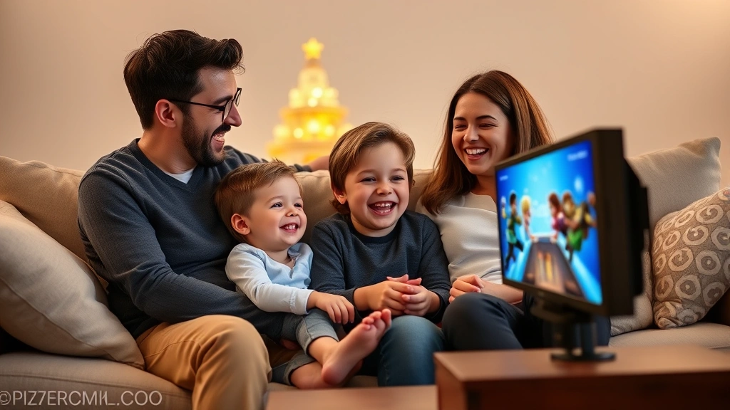 Family of four sitting together on living room couch, parents and children laughing while watching child play Disney game on TV screen, colorful game graphics reflecting on faces, cozy home environment, photorealistic scene