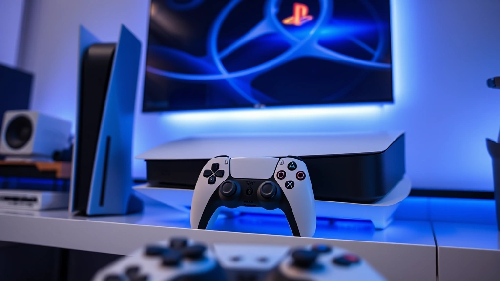 PlayStation 5 console with blue and white lighting, positioned on a modern entertainment setup, with a game controller in foreground, photorealistic, gaming environment