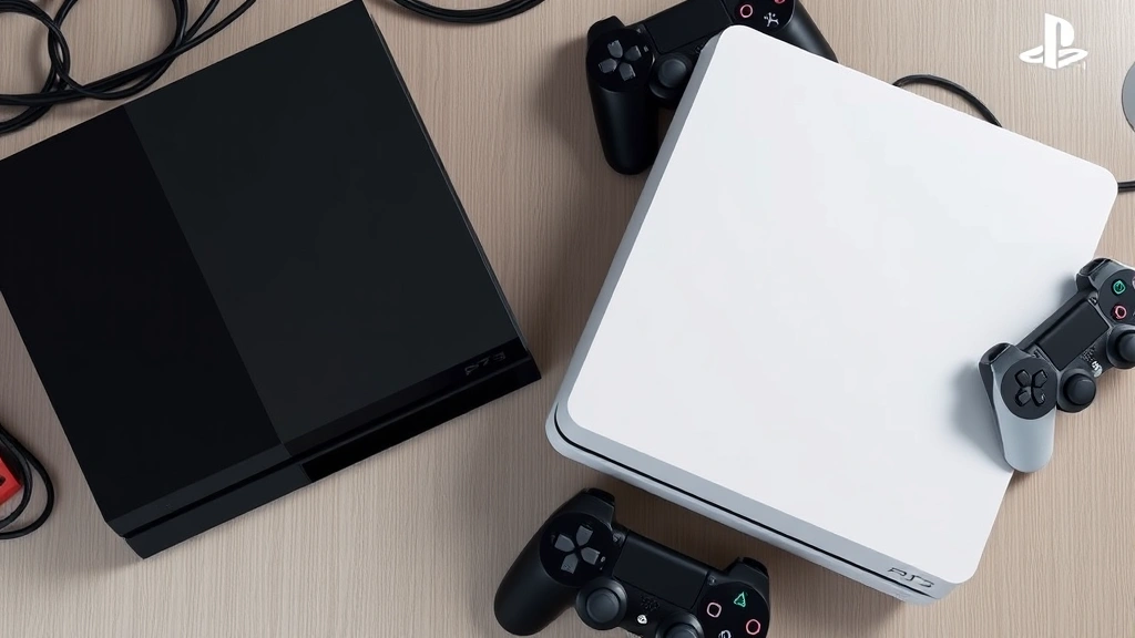 Photorealistic overhead view of PlayStation 4 and PlayStation 3 consoles side by side on a gaming setup with controllers, showing the hardware generation gap and console design evolution