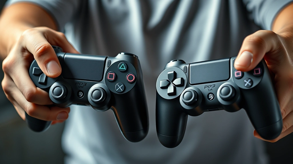 Dramatic close-up of a gamer holding a PlayStation 3 controller in one hand and a PlayStation 4 controller in the other, showing the differences in design and technology between generations