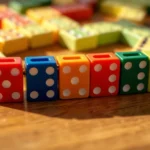 Close-up of colorful domino tiles arranged in a chain on a wooden table, showing white dots clearly, warm natural lighting, soft shadows, professional board game photography