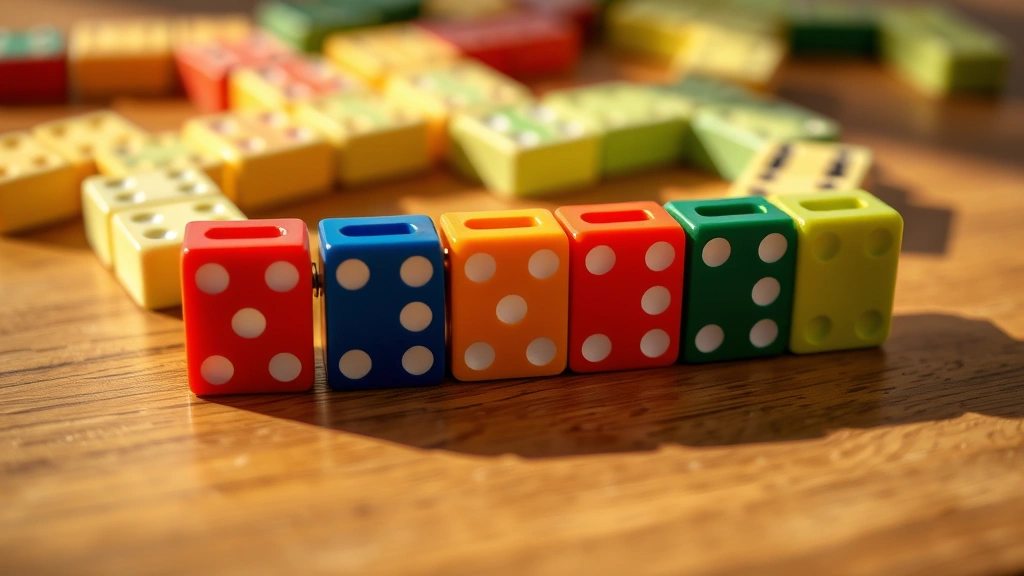Close-up of colorful domino tiles arranged in a chain on a wooden table, showing white dots clearly, warm natural lighting, soft shadows, professional board game photography