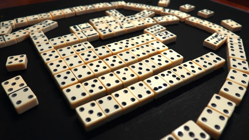 Artistic arrangement of domino tiles creating intricate patterns and chains on dark surface, photorealistic dominoes with sharp pip details, strategic game board setup, gaming environment lighting