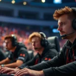 Professional esports players competing intensely at tournament stage with gaming equipment, dramatic lighting, focused expressions, stadium background with spectators blurred