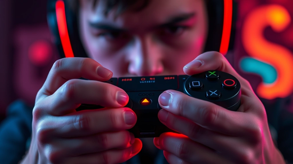 Close-up of hands on gaming controller with buttons glowing, concentrated gamer face in background, RGB lighting setup, competitive gaming atmosphere