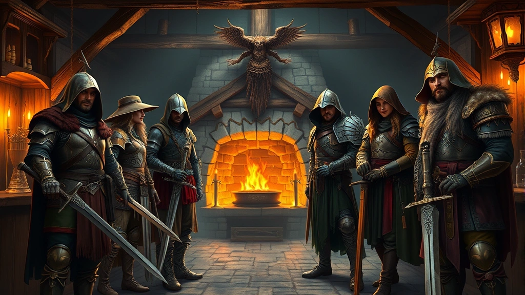 Fantasy party of diverse adventurers standing in a medieval tavern, realistic lighting, detailed armor and weapons, fantasy tavern interior with fireplace and wooden beams, cinematic composition, professional fantasy art style
