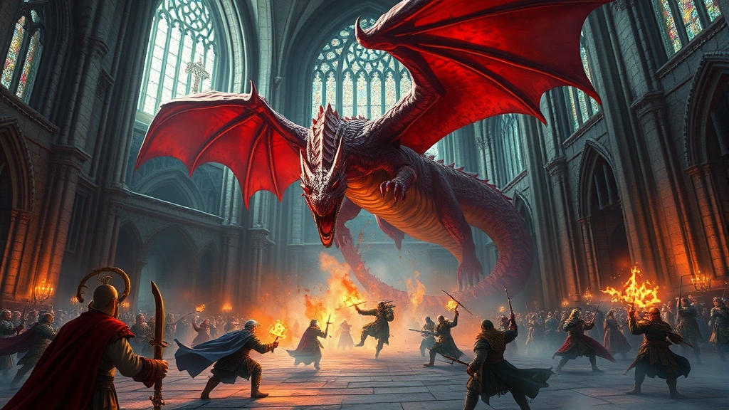 Epic dragon battle scene in a grand stone cathedral, party of heroes fighting a massive red dragon, dramatic magical effects, torchlight and shadows, high-resolution fantasy combat artwork, heroic fantasy illustration